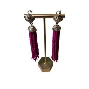 Aqua Hanging Earrings Beaded Tassel Gold Hot Pink 4 Inches NEW